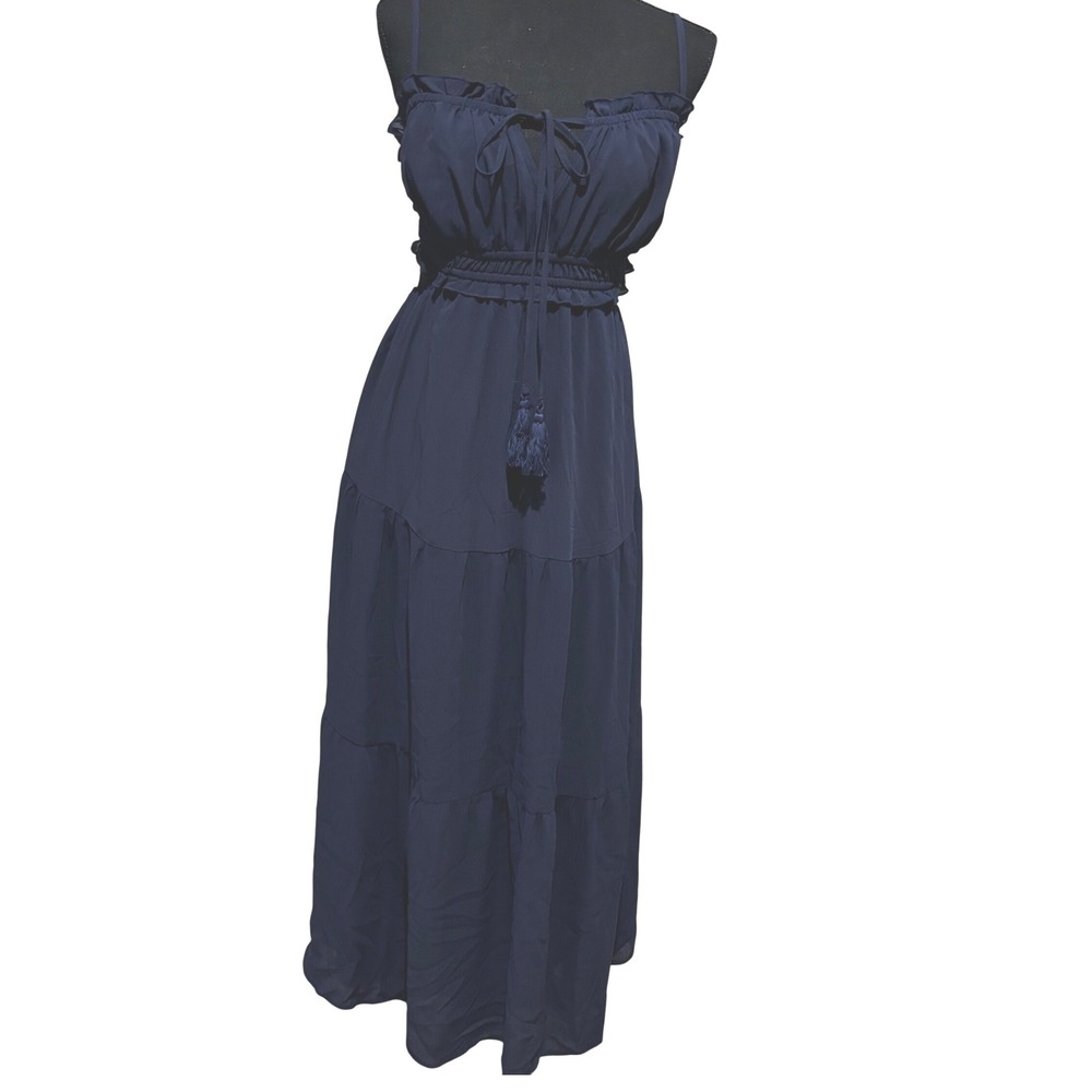 Navy‎ Blue Tiered Boho Maxi Dress Smocked Waist Open Back Cowgirl Festival sz L